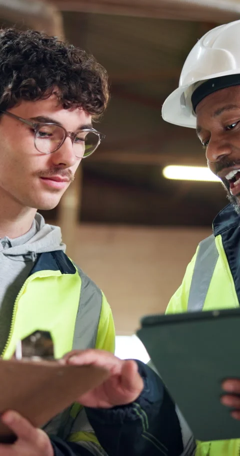 Construction, tablet and team speaking at site for development, building Stock Footage 348129356