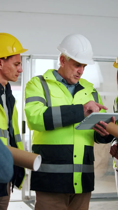 Construction, tablet and teamwork with builder group on worksite together for Stock Footage 342312963