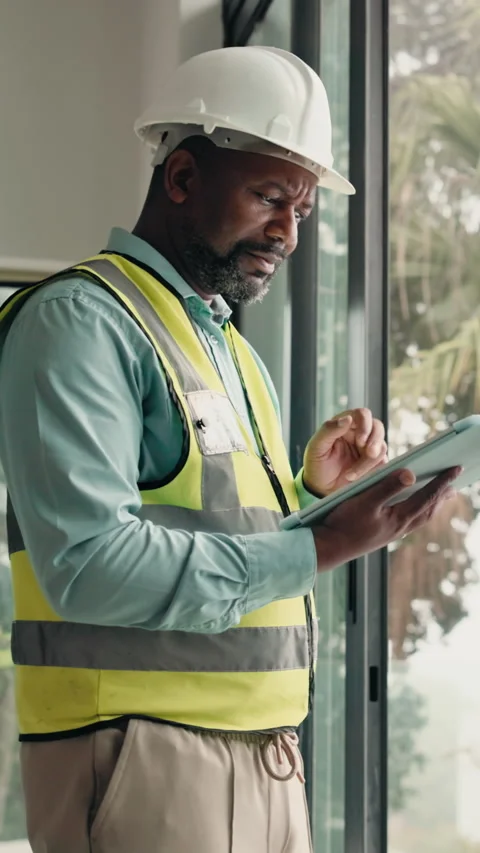Construction, tablet and thinking with black man on worksite for architecture or Stock Footage 337989152