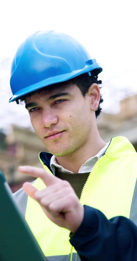 Construction, tablet and thinking with man outdoor for checklist, inspection or Stock Footage 340899696