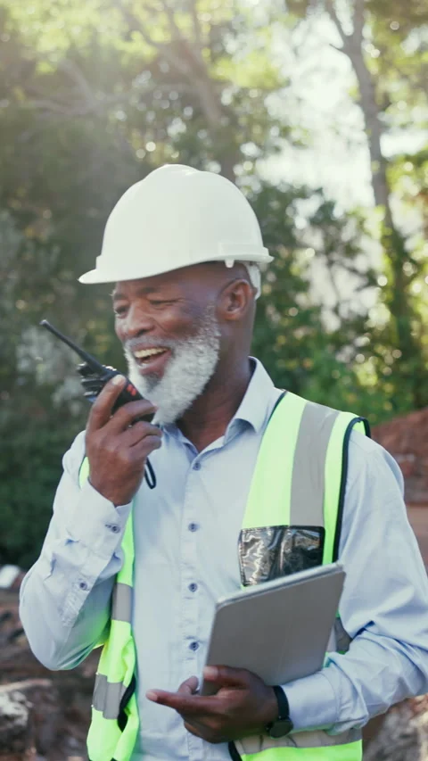Construction, tablet or black man with radio, outdoor check or safety inspection Stock Footage 340451126