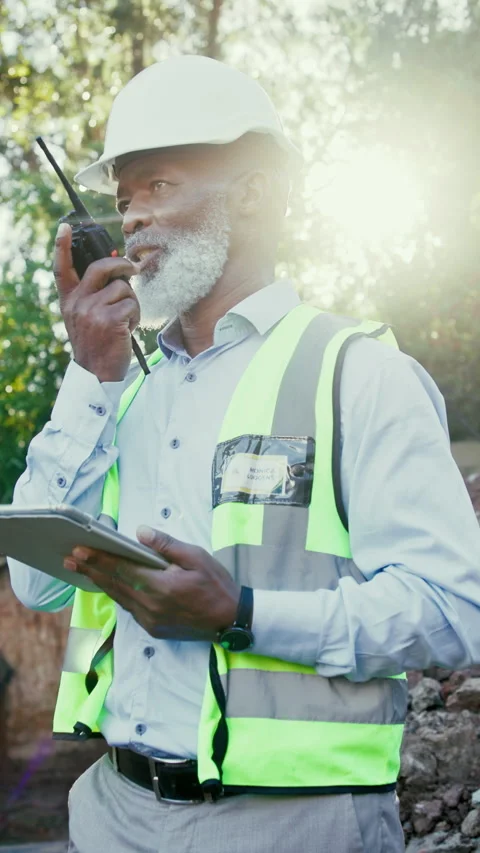 Construction, tablet or black man outdoor with radio, safety check or inspection Stock Footage 340457814