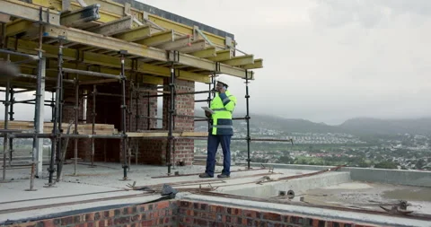Construction, tablet or man with phone call on site for project status, building Stock Footage 337633456