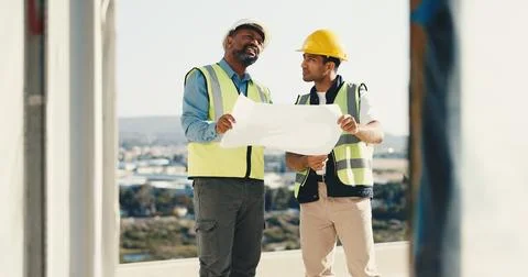 Construction, talking and men with blueprint for planning, floor plan and Stock Photos