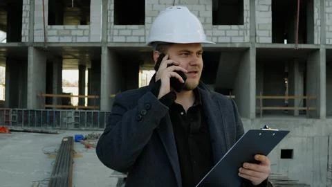 Construction talking on a smartphone while overlooking the busy work site 스톡 사진