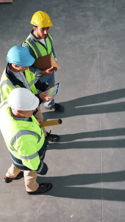 Construction, team and above of people with tablet for planning, building update Stock Footage 342323102