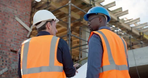 Construction, team and building inspection with blueprint for layout, structure Stock Footage 337536819
