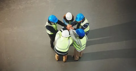 Construction, team and hands together in meeting or above for unity, solidarity Фото