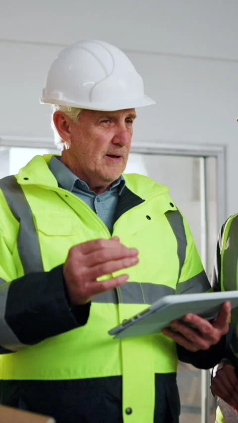 Construction, team and man with tablet for talking, development progress or Stock Footage 342323060