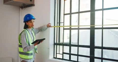 Construction, team and measuring tape with tablet for inspection, building Stock Footage 341466828