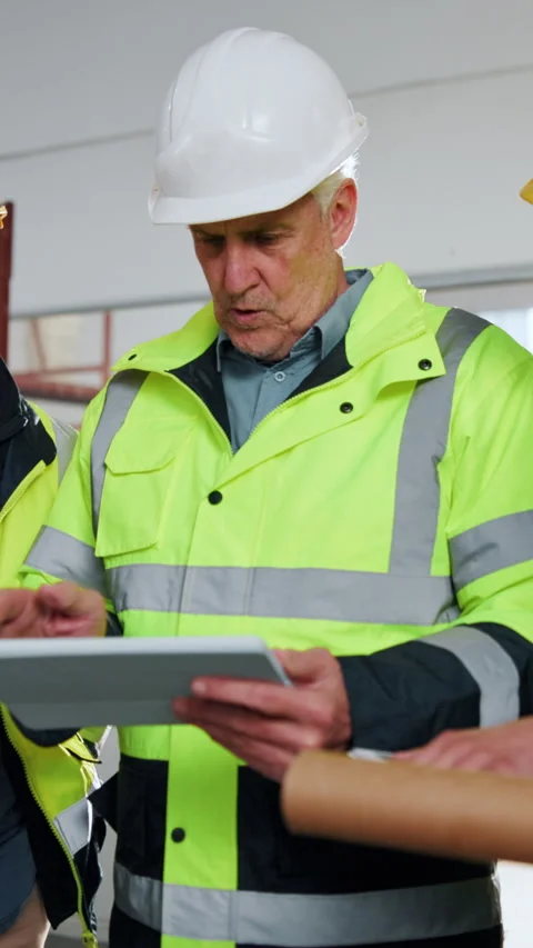 Construction, team and men with tablet for discussion, development progress or Stock Footage 342323359
