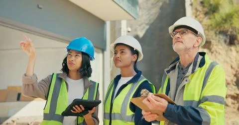Construction, team and planning with building inspection checklist, tablet .. Stock Photos