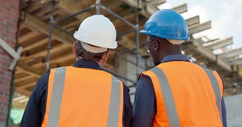 Construction, team and site inspection with blueprint for masonry, structure Stock Footage 337536568