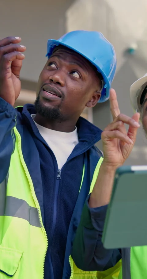 Construction, team and tablet with site inspection, phase evaluation or point Stock Footage 345573843