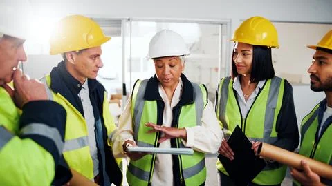 Construction, team and talk at site with tablet, management or instructions for Stock Photos