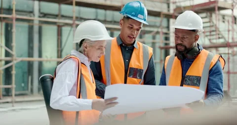 Construction team, blueprint and site building job for architect, builder and Stock Footage 236928061