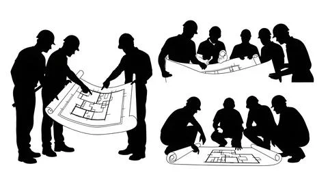 Construction Team with Blueprint Silhouettes Stock Illustration