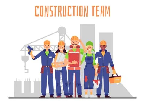 Construction team at building site backdrop, flat vector illustration isolated. 스톡 일러스트