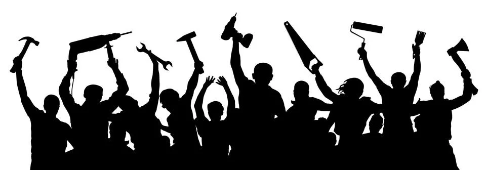 Construction team. Crowd of builders with construction tools in their hands.  Ilustração Stock
