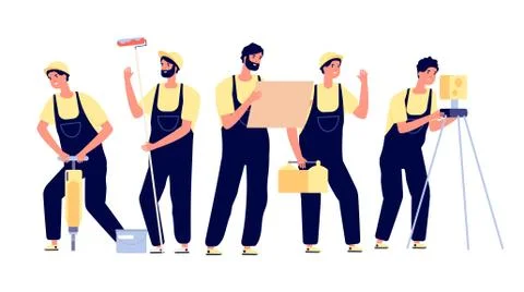Construction team. Engineer builder character. Isolated smiling colleagues, flat Stock Illustration