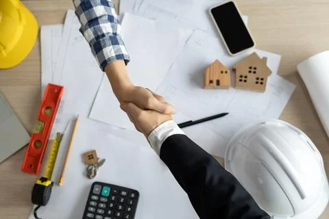 Construction team hands shaking greeting start up plan new project contract.. Foto stock