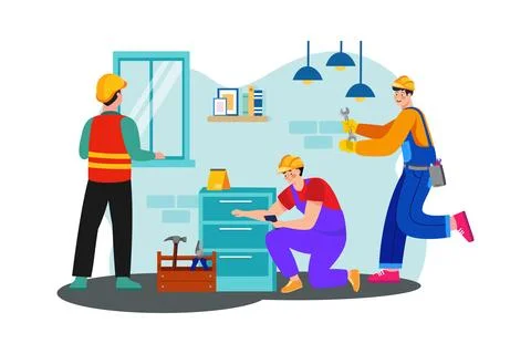 A construction team installs electrical wiring and fixtures in a newly cons.. Stock Illustration