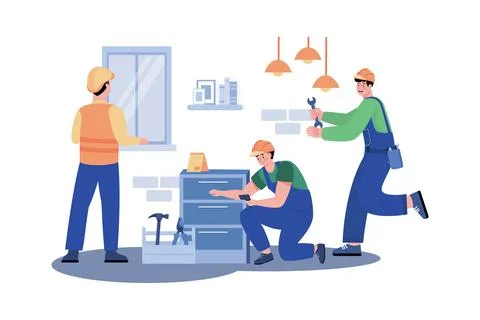 Construction team installs electrical wiring in new house. Stock Illustration