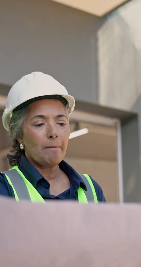Construction, team or blueprint for building inspection, phase evaluation or Stock Footage 345585758