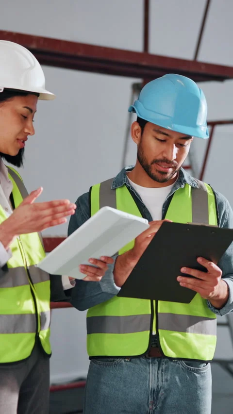 Construction, team or people with tablet for planning, development checklist or Stock Footage 342322539