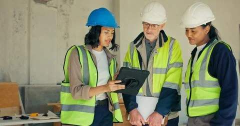 Construction, team or problem solving with tablet at site for building, fee.. Stock Photos