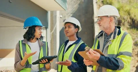 Construction, team or problem solving with building inspection or confused .. Stock Photos