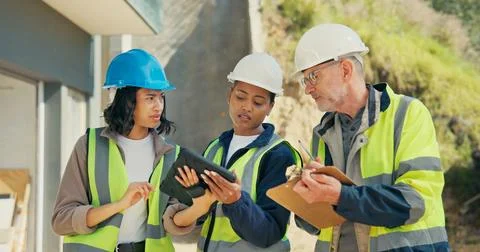 Construction, team or problem solving with tablet for building, clipboard w.. Stock Photos