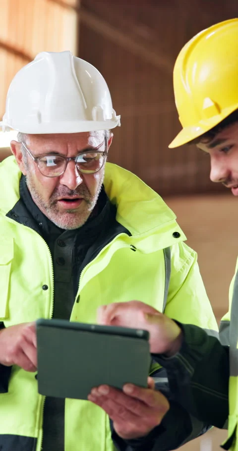 Construction team, tablet and engineer talking at site for development, building Stock Footage 348128195