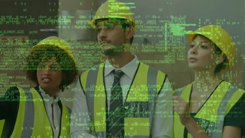 Construction team tapping tablet causing green code across group donning hard Stock Footage 334316432