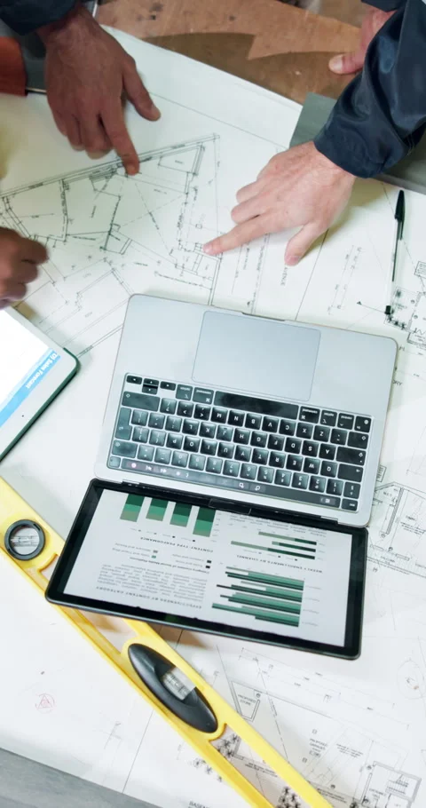 Construction, tech and people with blueprint, graphs and budget review for Stock Footage 348193552