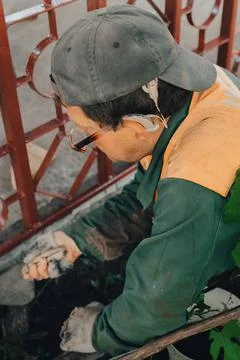 Construction technicians with hearing aid working with cement paving, mix wit Stock Photos