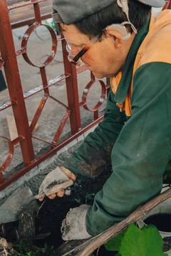 Construction technicians with hearing aid working with cement paving, mix wit Stock Photos