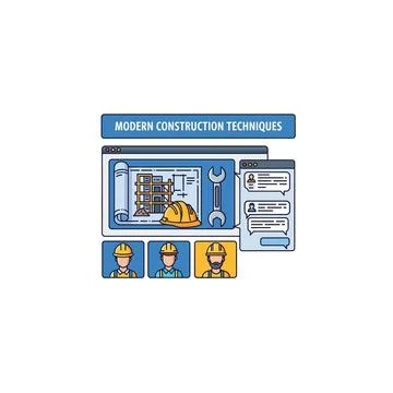 Construction techniques interface with workers and blueprints Stock Illustration