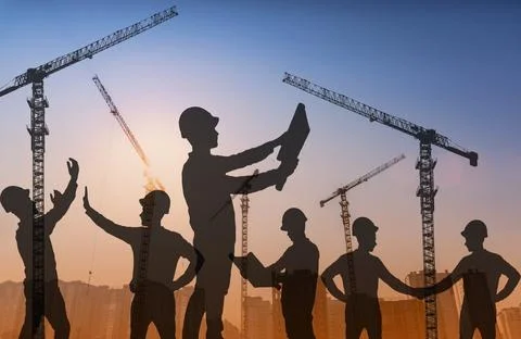 Construction technology banner background. Construction site with cranes Illustrazione stock