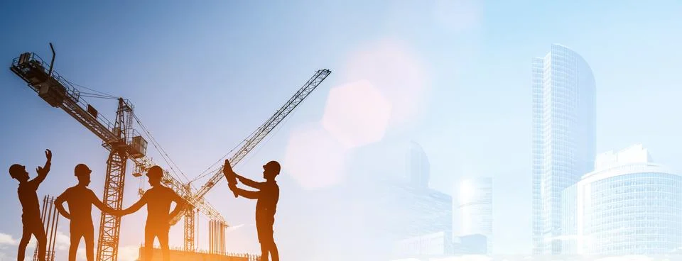 Construction technology banner background. Construction site with cranes Illustrazione stock