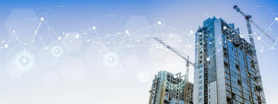 Construction technology banner background. Construction site with cranes Stock Photos