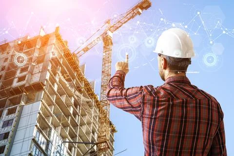 Construction technology banner background. Construction site with cranes Stock Photos