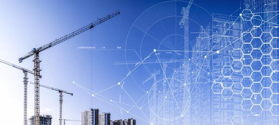 Construction technology banner background. Construction site with cranes Stock Photos