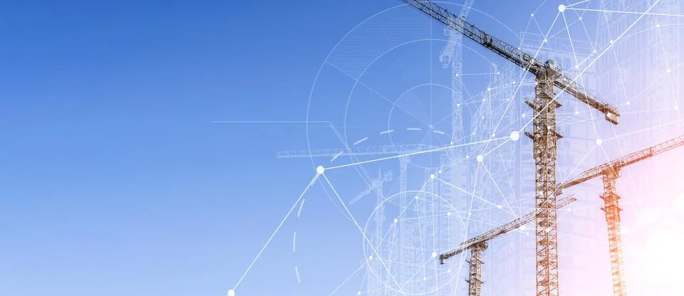 Construction technology banner background. Construction site with cranes Stock Photos