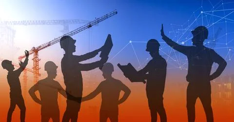 Construction technology banner background. Construction site with cranes Foto stock