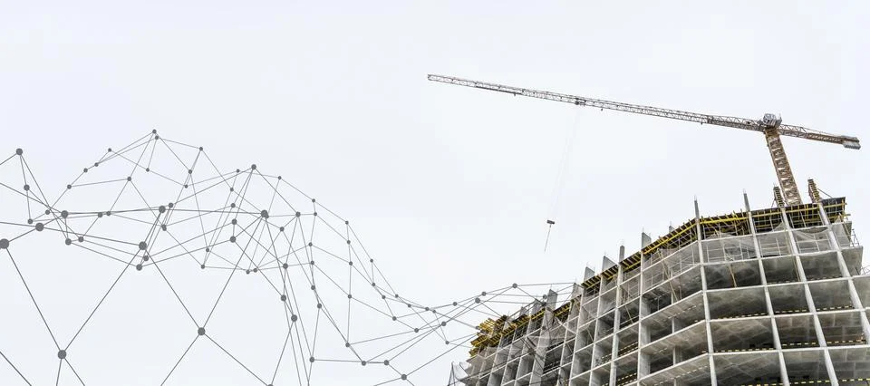 Construction technology banner background. Construction site with cranes Stock Photos