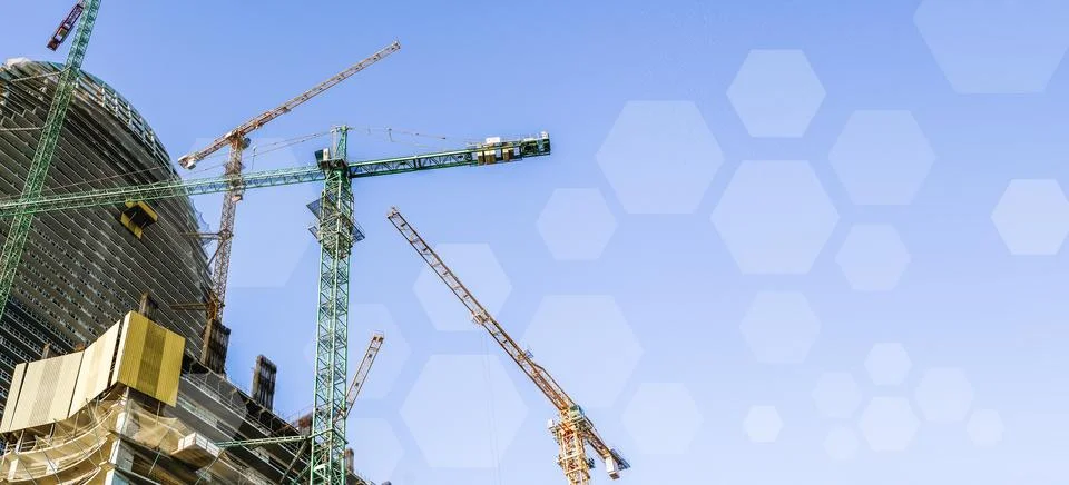 Construction technology banner background. Construction site with cranes Stock Photos