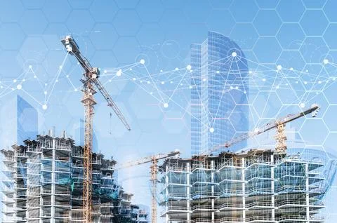 Construction technology banner background. Construction site with cranes, f.. Stock Photos
