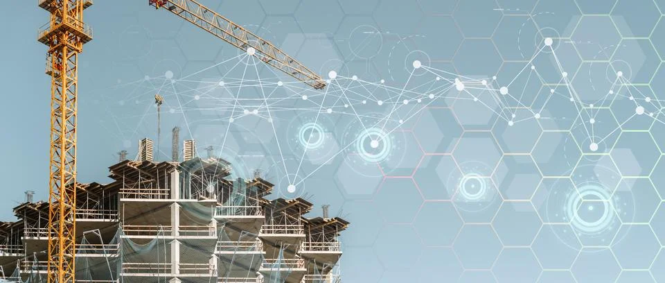 Construction technology banner background. Construction site with cranes Stock Photos