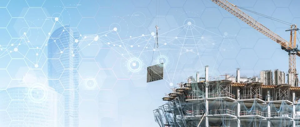 Construction technology banner background. Construction site with cranes Stock Photos